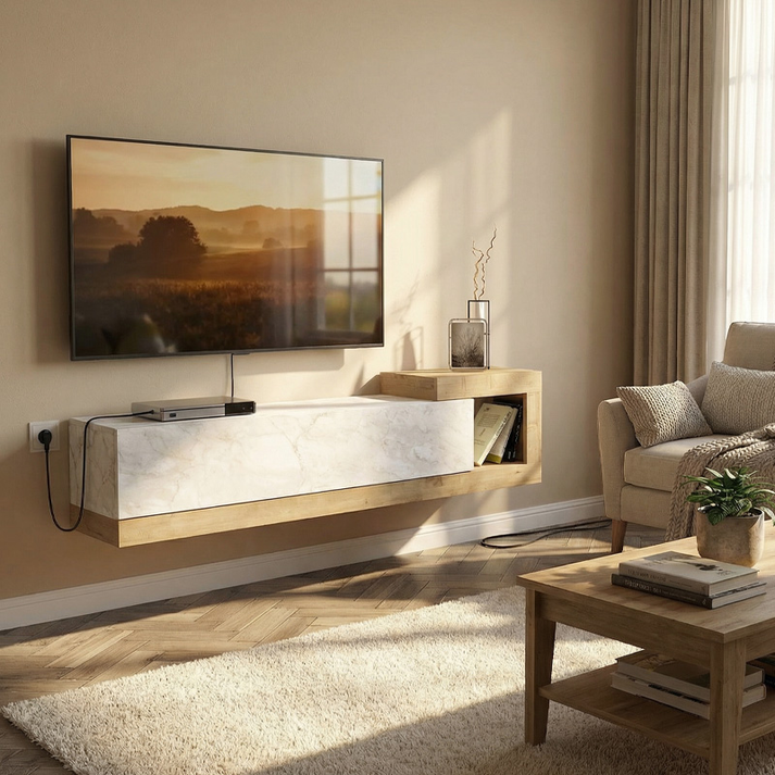 Έπιπλο τηλεόρασης επιτοίχιο Volare χρώμα λευκό εφέ μαρμάρου - sapphire oak 150x29,6x38,6εκ.