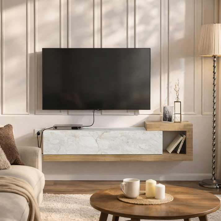 Έπιπλο τηλεόρασης επιτοίχιο Volare χρώμα λευκό εφέ μαρμάρου - sapphire oak 150x29,6x38,6εκ.