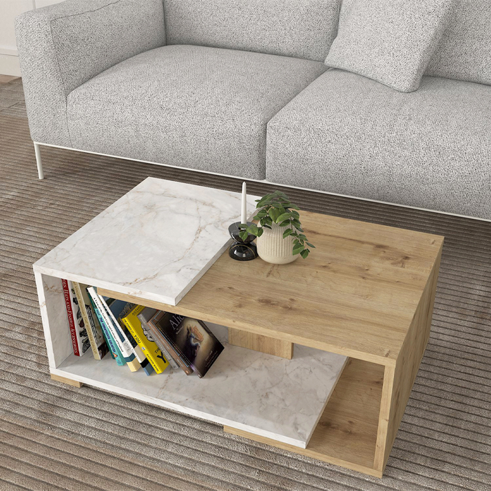 Τραπεζάκι σαλονιού Mareta χρώμα λευκό εφέ μαρμάρου - sapphire oak 81,8x50x35εκ.