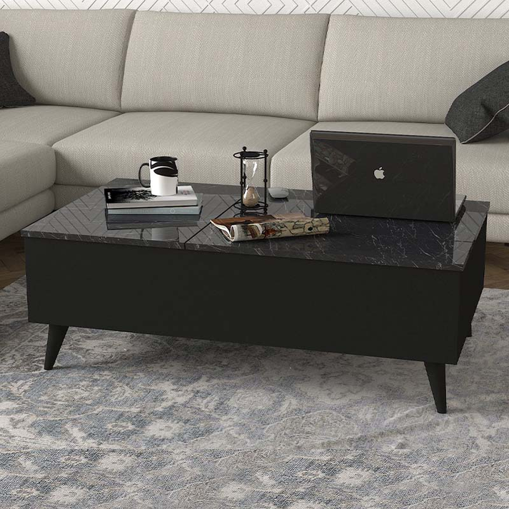 Τραπεζάκι σαλονιού Roy με σερβιτόρο χρώμα μαύρο - εφέ μαρμάρου 121x69x40εκ.