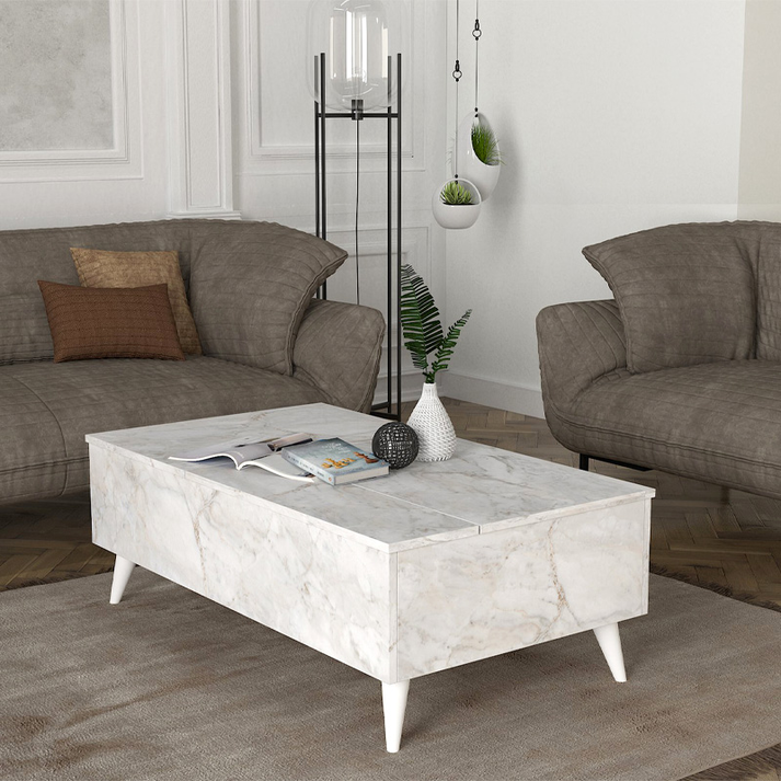Τραπεζάκι σαλονιού Roy με σερβιτόρο χρώμα λευκό εφέ μαρμάρου 121x69x40εκ.