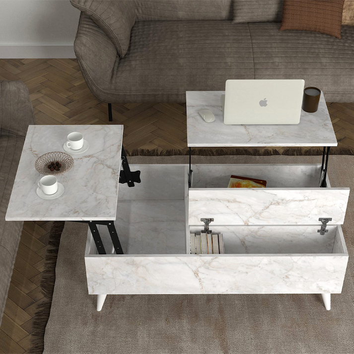 Τραπεζάκι σαλονιού Roy με σερβιτόρο χρώμα λευκό εφέ μαρμάρου 121x69x40εκ.