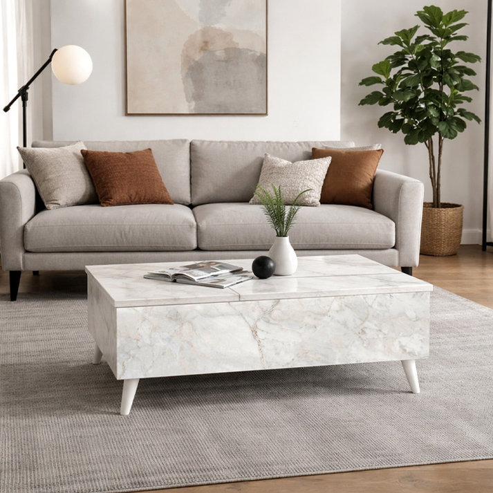 Τραπεζάκι σαλονιού Roy με σερβιτόρο χρώμα λευκό εφέ μαρμάρου 121x69x40εκ.
