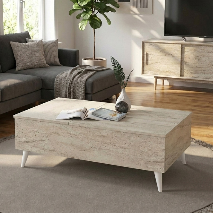 Τραπεζάκι σαλονιού Roy με σερβιτόρο χρώμα travertine 121x69x40εκ.