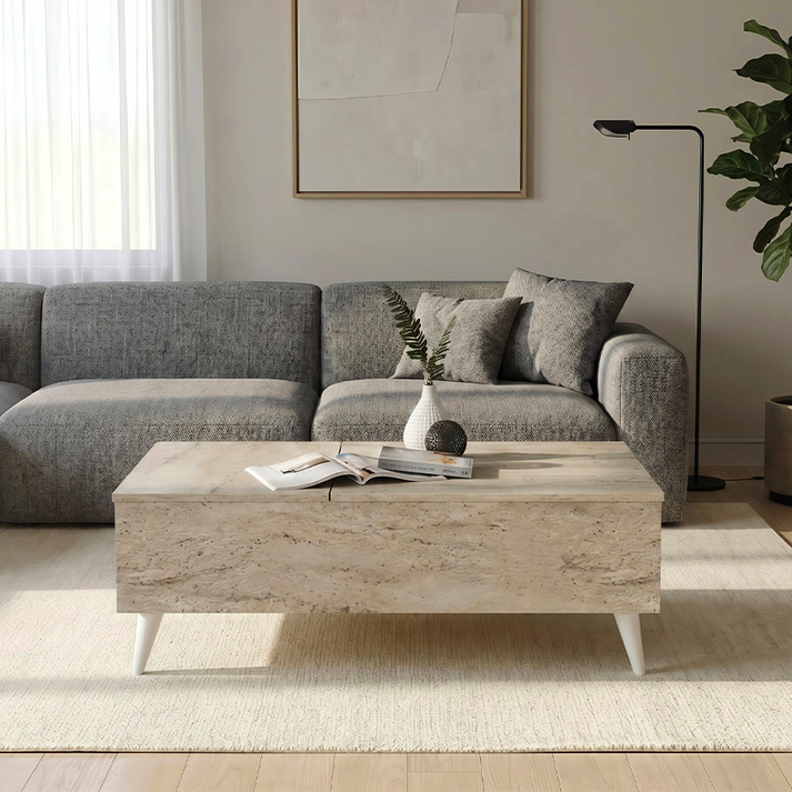 Τραπεζάκι σαλονιού Roy με σερβιτόρο χρώμα travertine 121x69x40εκ.