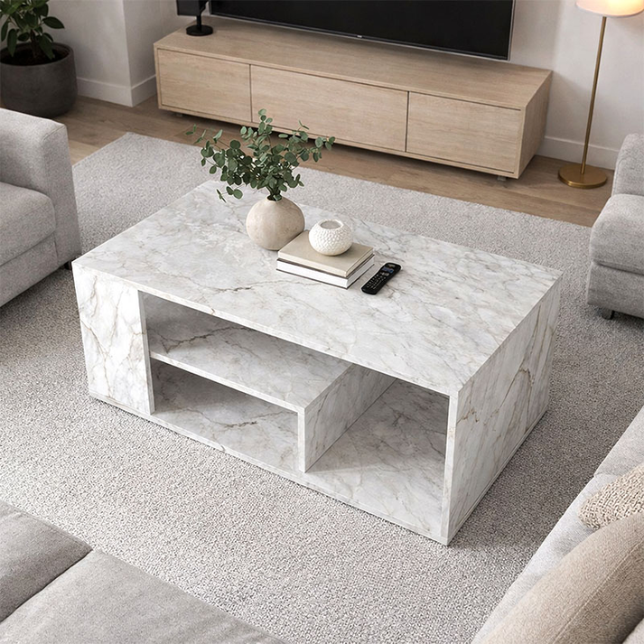 Τραπεζάκι σαλονιού Abdera χρώμα λευκό εφέ μαρμάρου 110x60x42εκ.