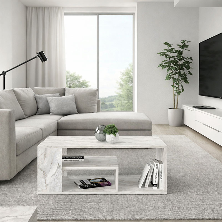 Τραπεζάκι σαλονιού Abdera χρώμα λευκό εφέ μαρμάρου 110x60x42εκ.