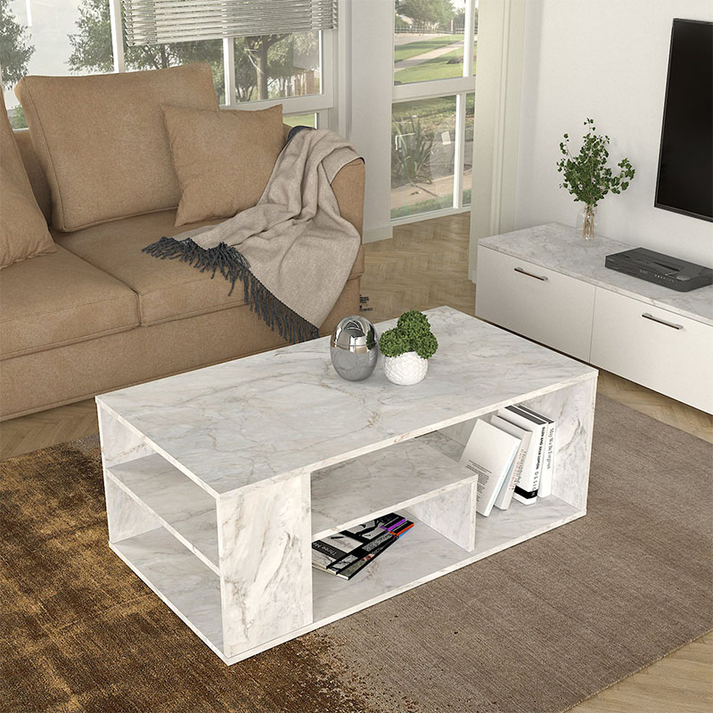Τραπεζάκι σαλονιού Abdera χρώμα λευκό εφέ μαρμάρου 110x60x42εκ.