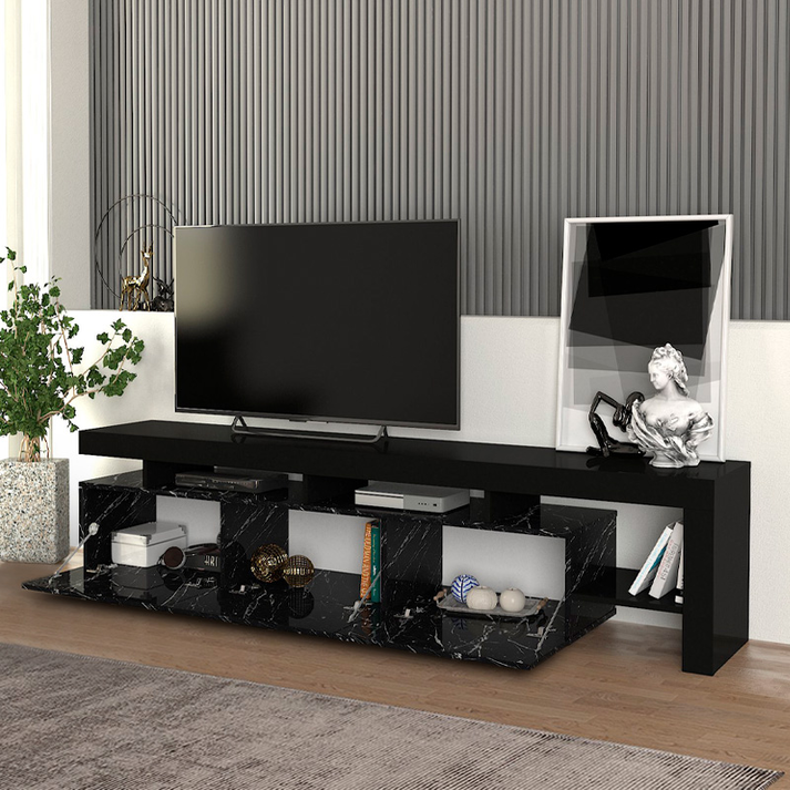 Έπιπλο τηλεόρασης Acnes χρώμα μαύρο - μαύρο εφέ μαρμάρου 220x40x52εκ.
