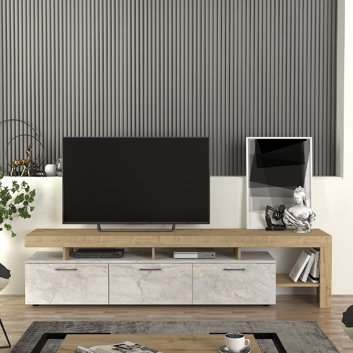 Έπιπλο τηλεόρασης Acnes χρώμα λευκό εφέ μαρμάρου - sapphire oak 220x40x52εκ.