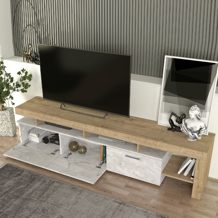 Έπιπλο τηλεόρασης Acnes χρώμα λευκό εφέ μαρμάρου - sapphire oak 220x40x52εκ.