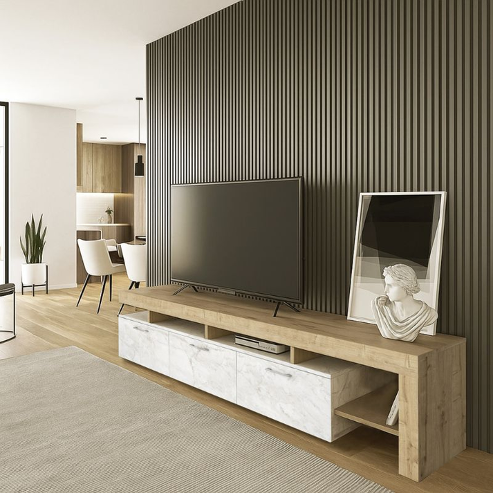 Έπιπλο τηλεόρασης Acnes χρώμα λευκό εφέ μαρμάρου - sapphire oak 220x40x52εκ.