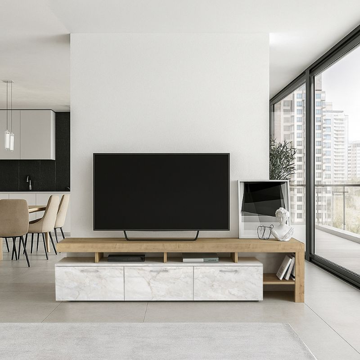 Έπιπλο τηλεόρασης Acnes χρώμα λευκό εφέ μαρμάρου - sapphire oak 220x40x52εκ.