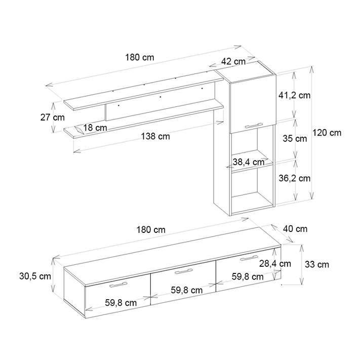 Σύνθεση τηλεόρασης Darcy χρώμα μαύρο εφέ μαρμάρου - μαύρο 180x40x33εκ.