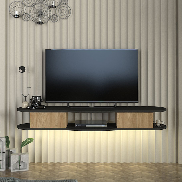 Έπιπλο τηλεόρασης επιτοίχιο Perk με LED χρώμα ανθρακί - sepet oak 150x35x19,2εκ.