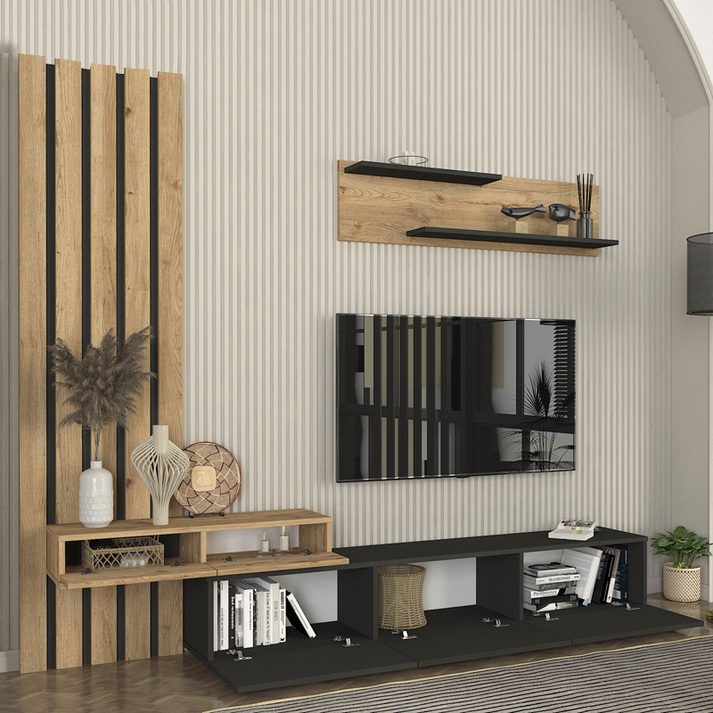 Σύνθεση τηλεόρασης Rosaline χρώμα ανθρακί - sepet oak 233x31,3x196,8εκ.