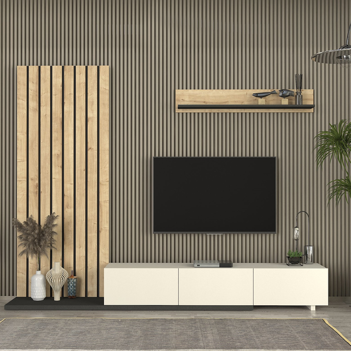 Σύνθεση τηλεόρασης Nagini χρώμα ivory - sapphire oak - ανθρακί 260x39,4x203,6εκ.