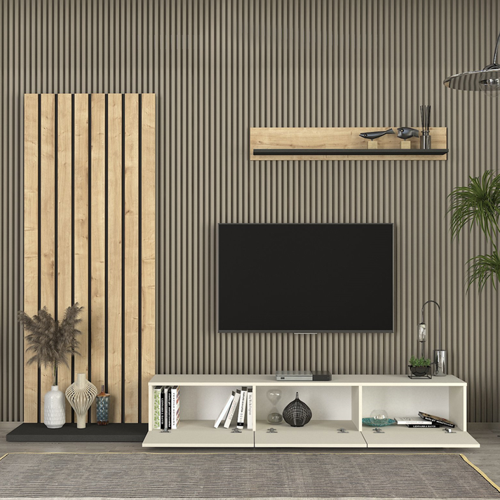 Σύνθεση τηλεόρασης Nagini χρώμα ivory - sapphire oak - ανθρακί 260x39,4x203,6εκ.