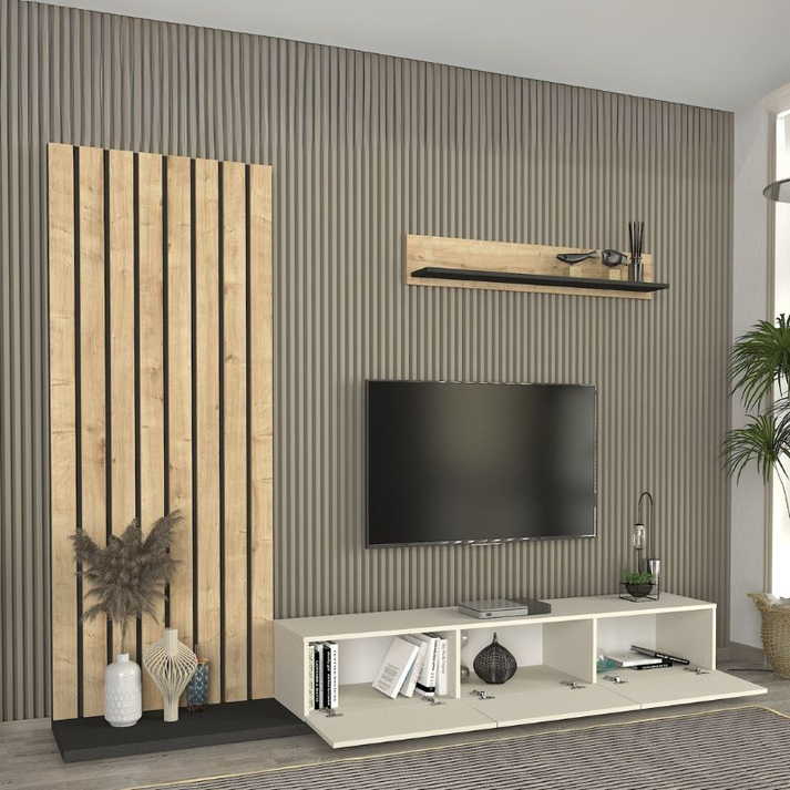 Σύνθεση τηλεόρασης Nagini χρώμα ivory - sapphire oak - ανθρακί 260x39,4x203,6εκ.