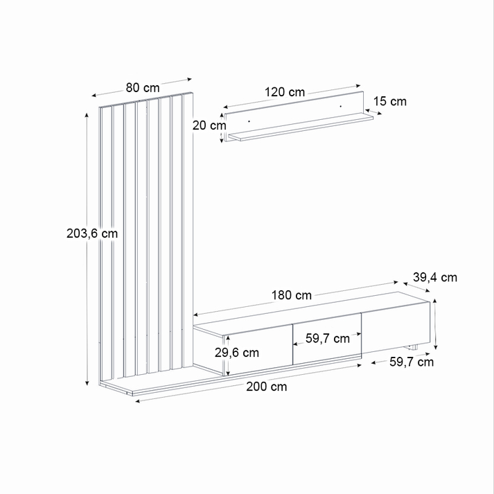 Σύνθεση τηλεόρασης Nagini χρώμα ivory - sapphire oak - ανθρακί 260x39,4x203,6εκ.