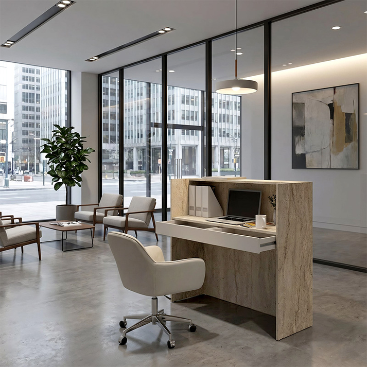 Γραφείο υποδοχής - reception Navita με LED χρώμα travertine - sandstone 113,6x42x111,8εκ.