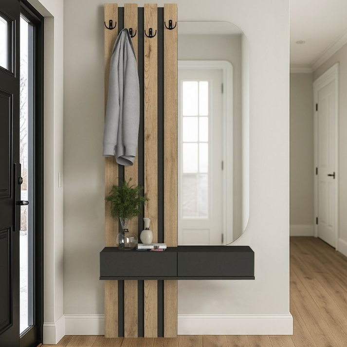 Έπιπλο εισόδου Reyas χρώμα ανθρακί - sepet oak 90x27x205,6εκ.