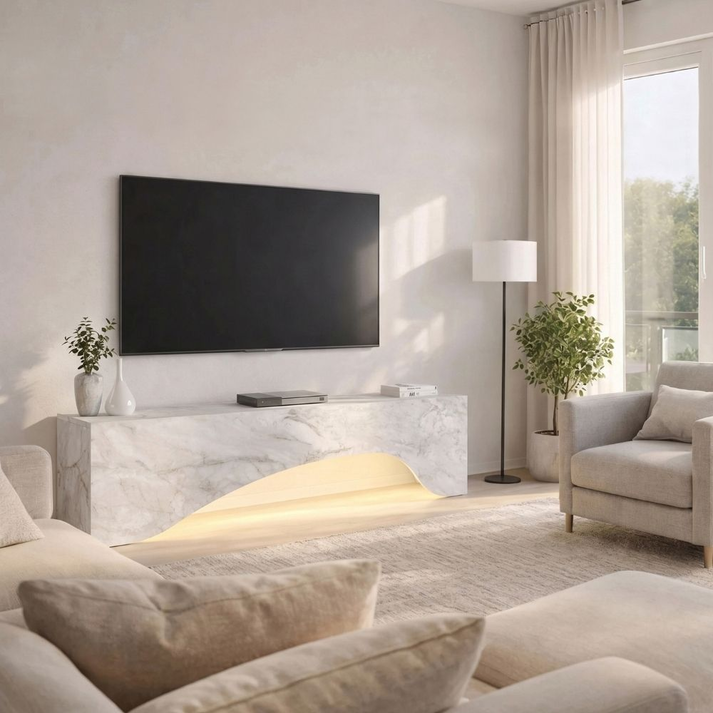 Έπιπλο τηλεόρασης Mara με LED χρώμα λευκό εφέ μαρμάρου 150x31,4x40εκ.