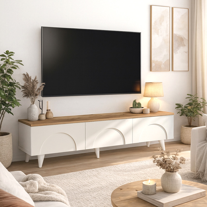 Έπιπλο τηλεόρασης Bono χρώμα λευκό - sepet oak 150x32,3x42,1εκ.