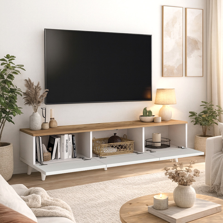 Έπιπλο τηλεόρασης Bono χρώμα λευκό - sepet oak 150x32,3x42,1εκ.