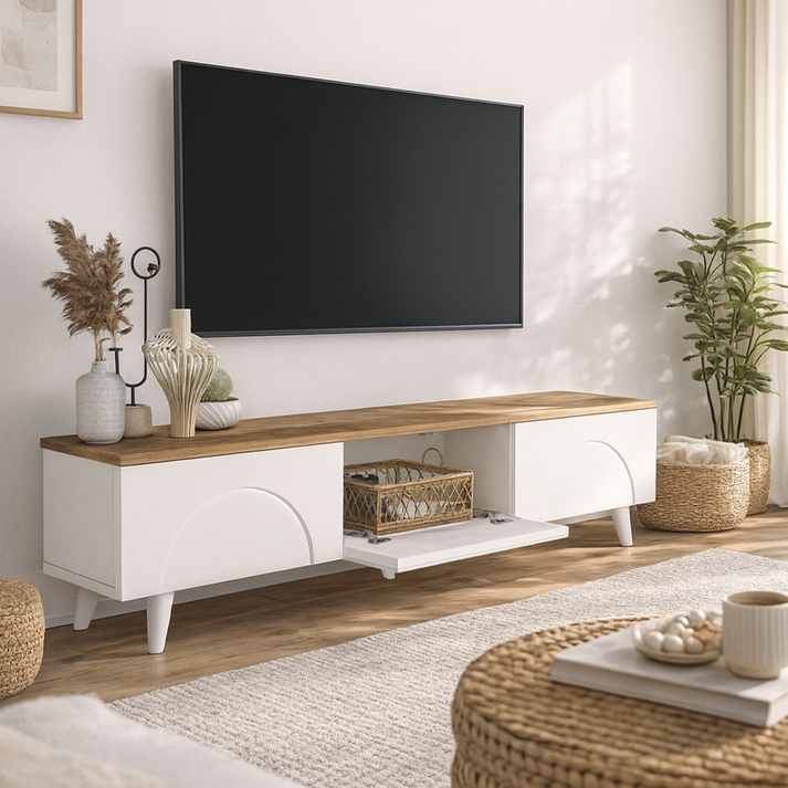 Έπιπλο τηλεόρασης Bono χρώμα λευκό - sepet oak 150x32,3x42,1εκ.