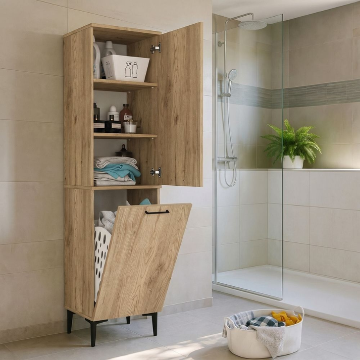 Laundry cabinet with basket Singa sepet oak 45x40x180 cm