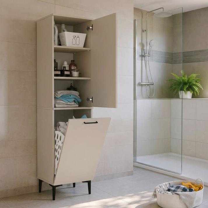Singa laundry cabinet with laundry basket, sandstone, 45x40x180 cm