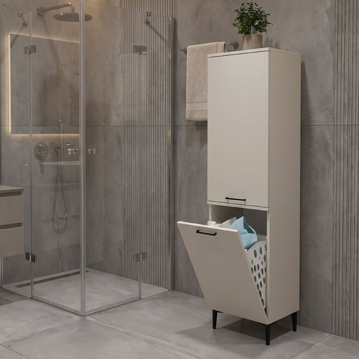 Singa laundry cabinet with laundry basket, sandstone, 45x40x180 cm