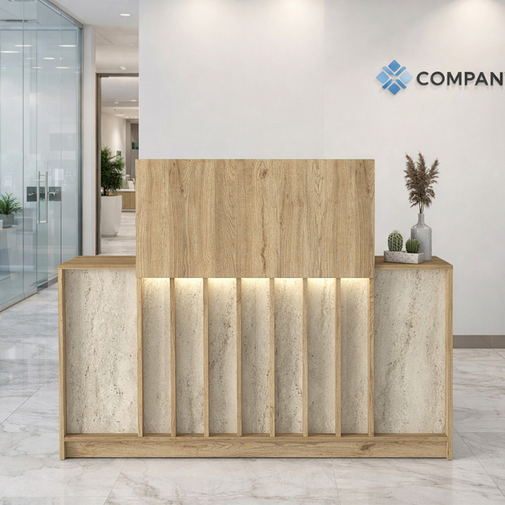 Γραφείο υποδοχής - reception Davis με LED χρώμα sepet oak - travertine 150x41,8x115εκ.