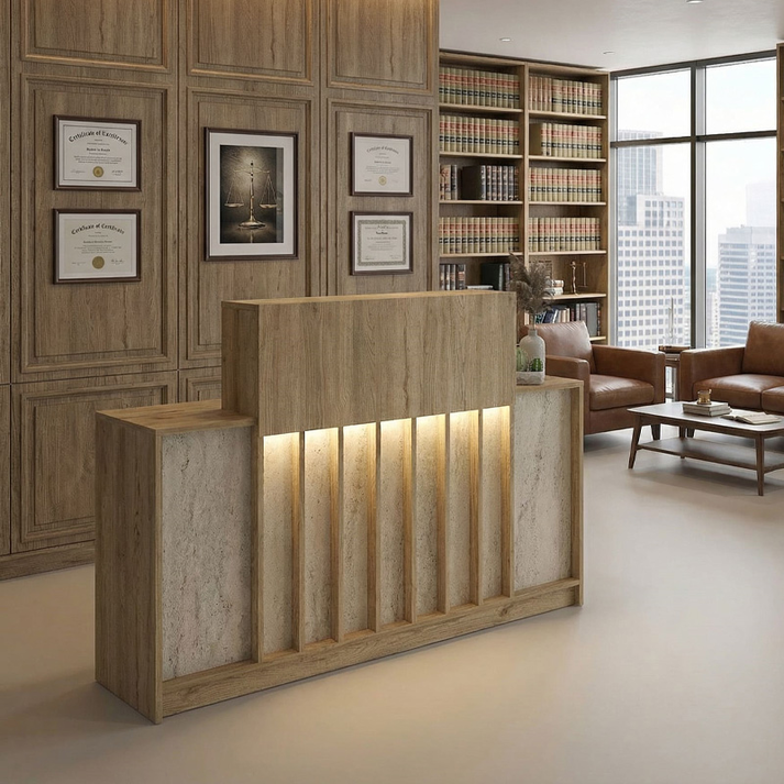 Γραφείο υποδοχής - reception Davis με LED χρώμα sepet oak - travertine 150x41,8x115εκ.