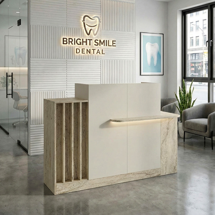 Γραφείο υποδοχής - reception Dayana με LED χρώμα travertine - sandstone 150x85,2x120εκ.