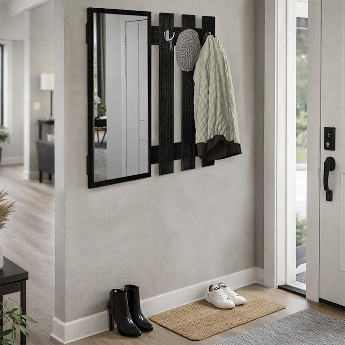 Κρεμάστρα τοίχου με καθρέπτη Folin χρώμα sencron black 90x4x90εκ.