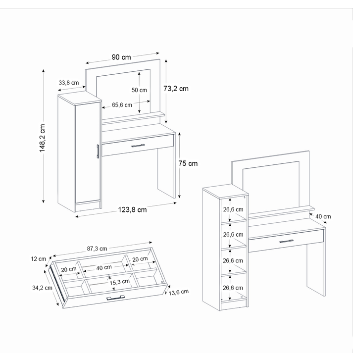 Τουαλέτα με καθρέπτη Kaunos χρώμα λευκό 123,8x40x148,2εκ.