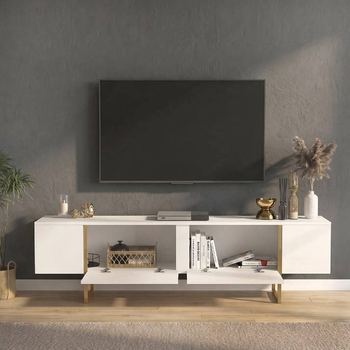 Έπιπλο τηλεόρασης Orontes χρώμα λευκό - χρυσό 180x29,6x50εκ.