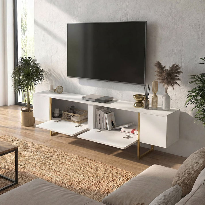 Έπιπλο τηλεόρασης Orontes χρώμα λευκό - χρυσό 180x29,6x50εκ.