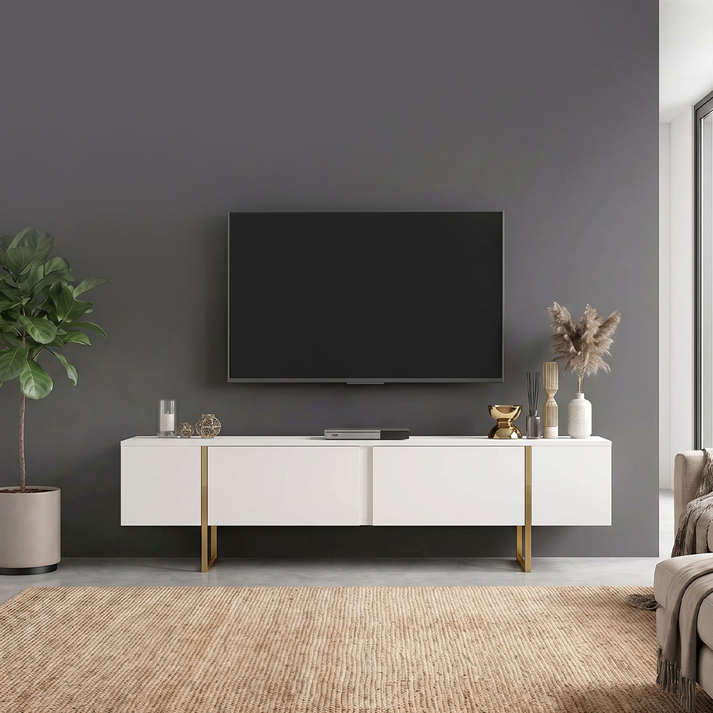 Έπιπλο τηλεόρασης Orontes χρώμα λευκό - χρυσό 180x29,6x50εκ.