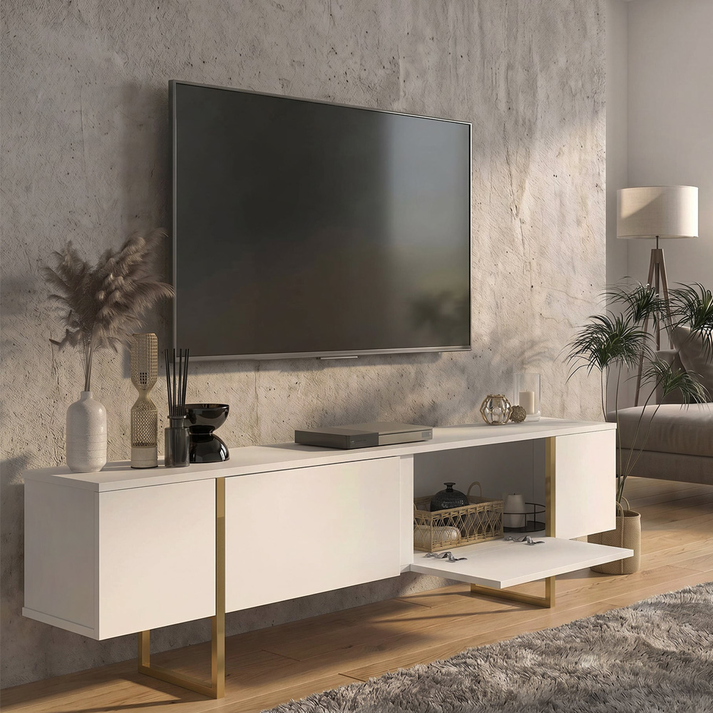 Έπιπλο τηλεόρασης Orontes χρώμα λευκό - χρυσό 180x29,6x50εκ.