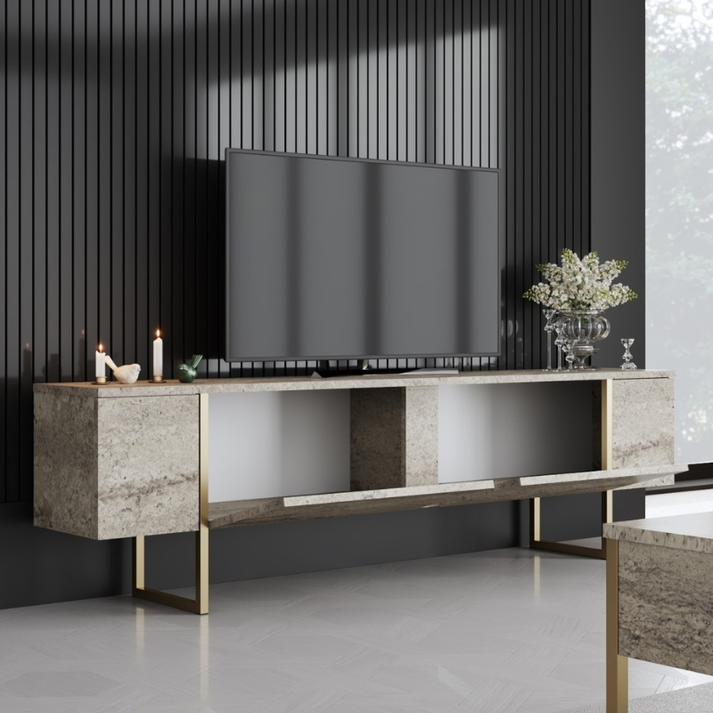 Έπιπλο τηλεόρασης Luxe χρώμα travertine - χρυσό 180x30x50εκ.