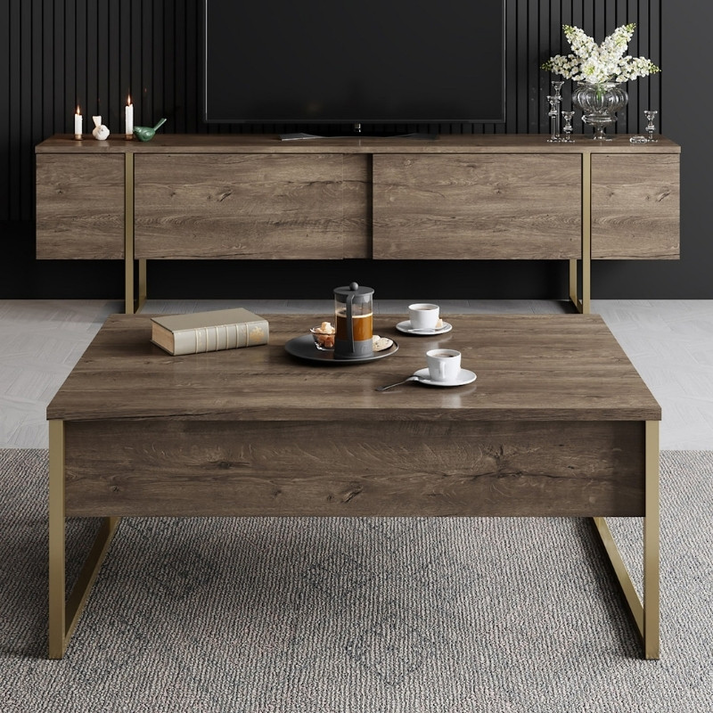 Τραπεζάκι σαλονιού Luxe χρώμα καρυδί - χρυσό 90x60x40εκ.