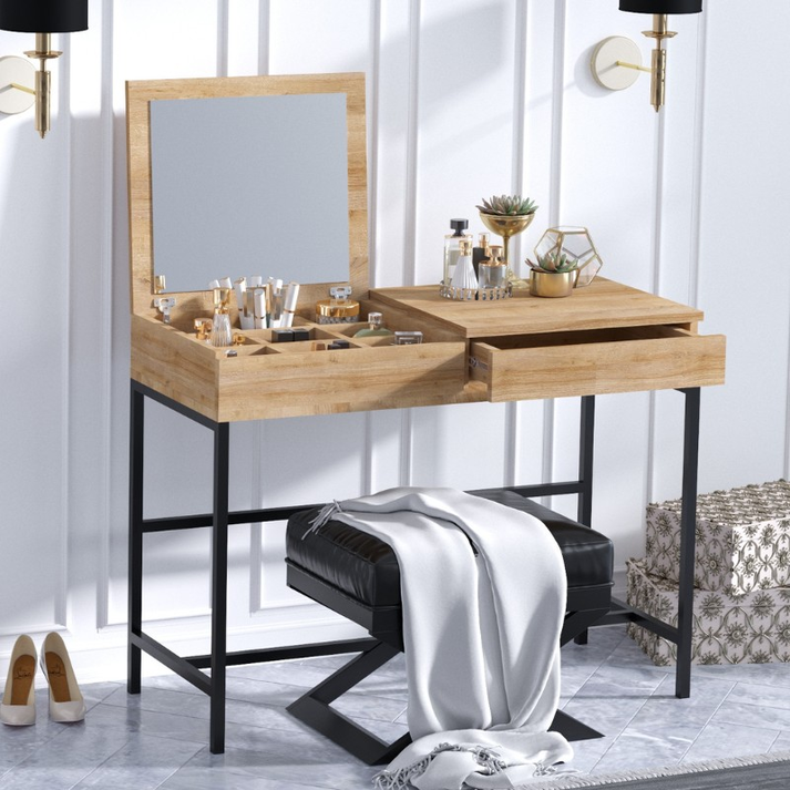 Wooden Makeup Vanity Linda Natural Beech 100x45x74 cm