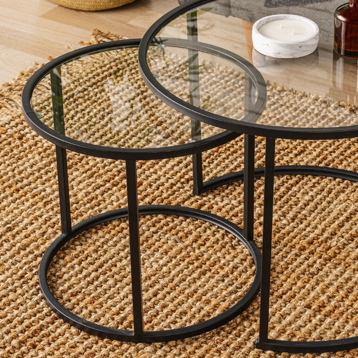 Τραπεζάκι σαλονιού σετ 2 τμχ Vetro μέταλλο - γυαλί χρώμα μαύρο Ø60x43εκ.