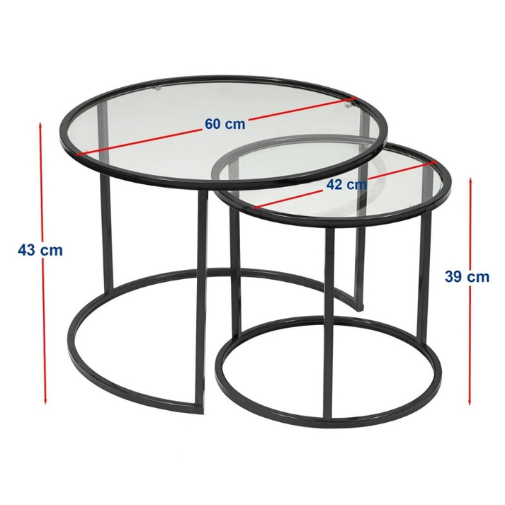 Τραπεζάκι σαλονιού σετ 2 τμχ Vetro μέταλλο - γυαλί χρώμα μαύρο Ø60x43εκ.