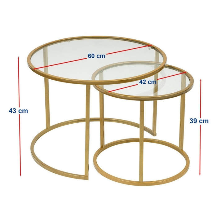 Τραπεζάκι σαλονιού σετ 2 τμχ Vetro μέταλλο - γυαλί χρώμα χρυσό Ø60x43εκ.