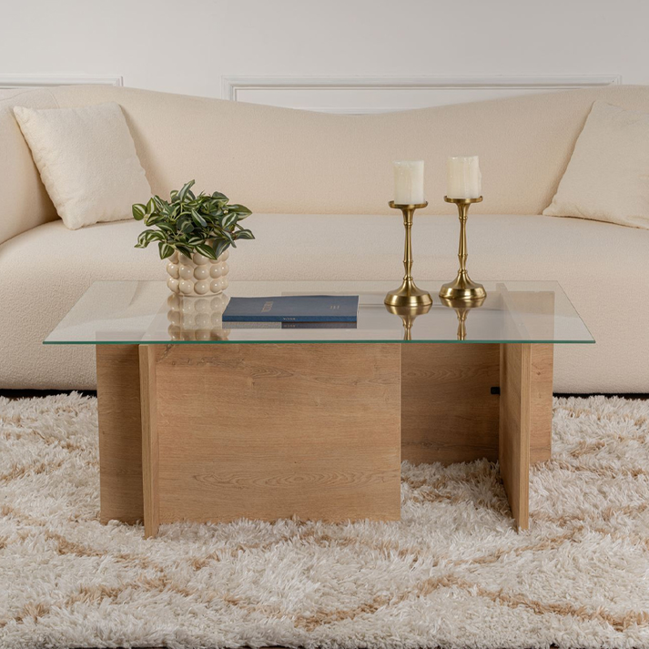 Τραπεζάκι σαλονιού Vetrino γυάλινο χρώμα honey oak 105x65x40εκ.