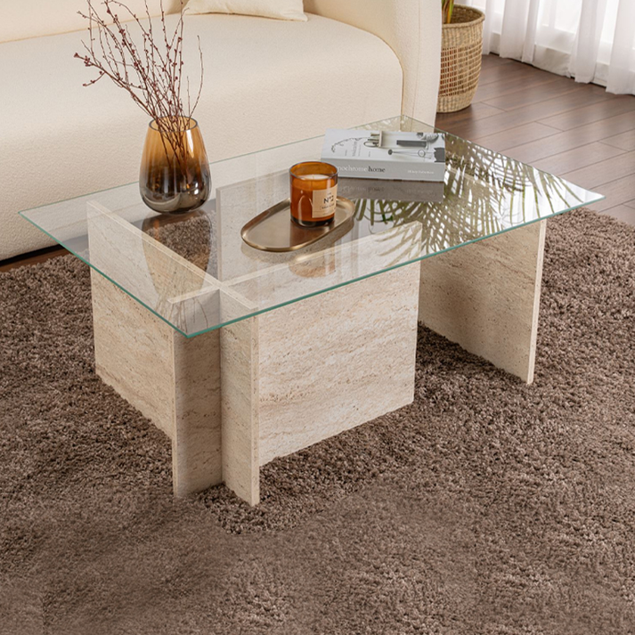 Τραπεζάκι σαλονιού Vetrino γυάλινο χρώμα travertine 105x65x40εκ.